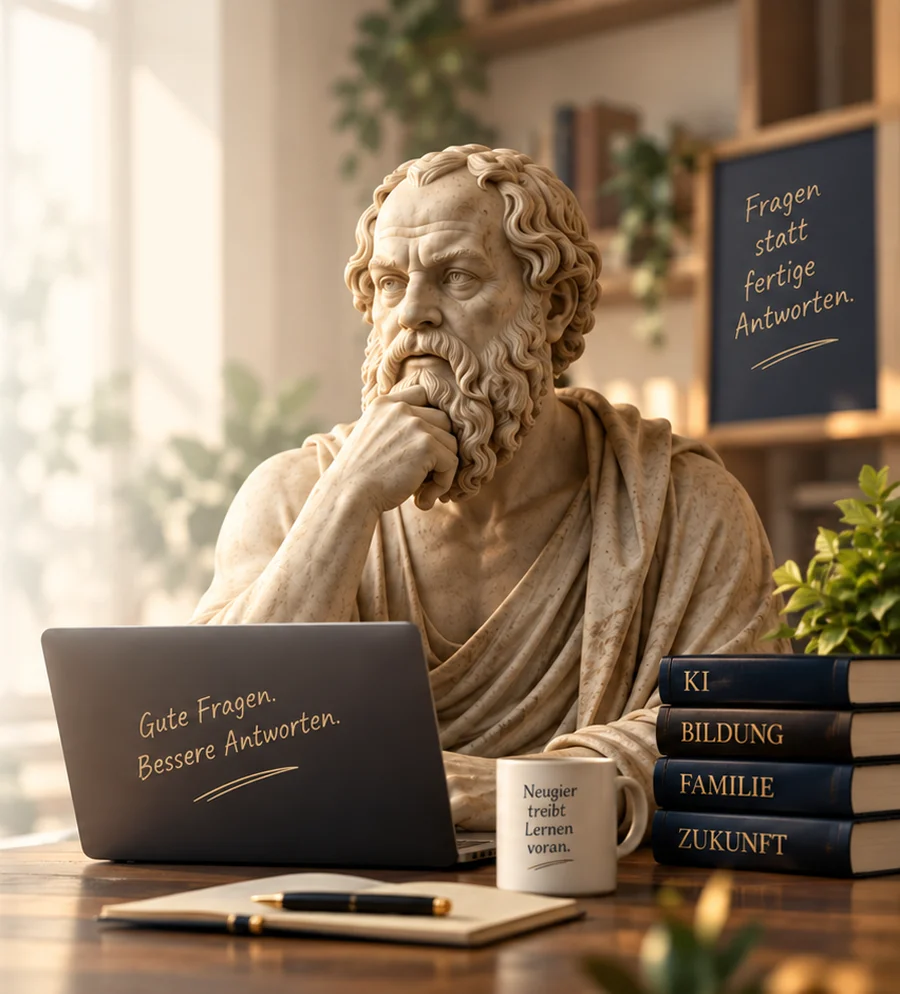 Sokrates mit Laptop und Büchern
