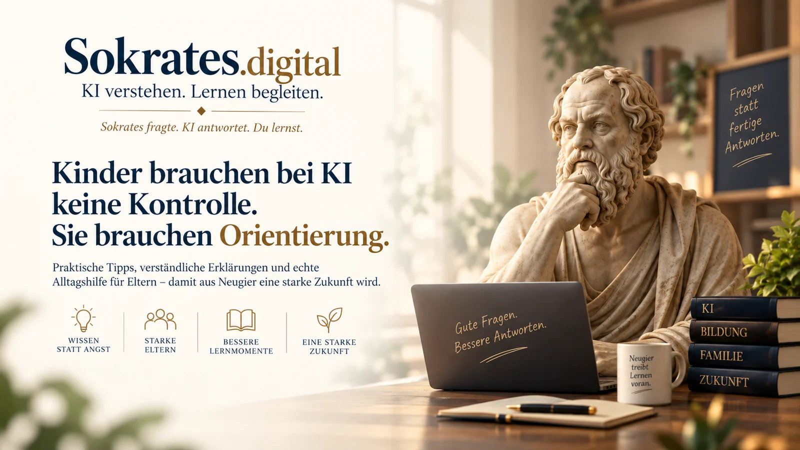 Sokrates.digital – KI verstehen und Kinder beim Lernen begleiten. Sokrates als Symbol für Fragen, Orientierung und verantwortungsvollen Umgang mit künstlicher Intelligenz.